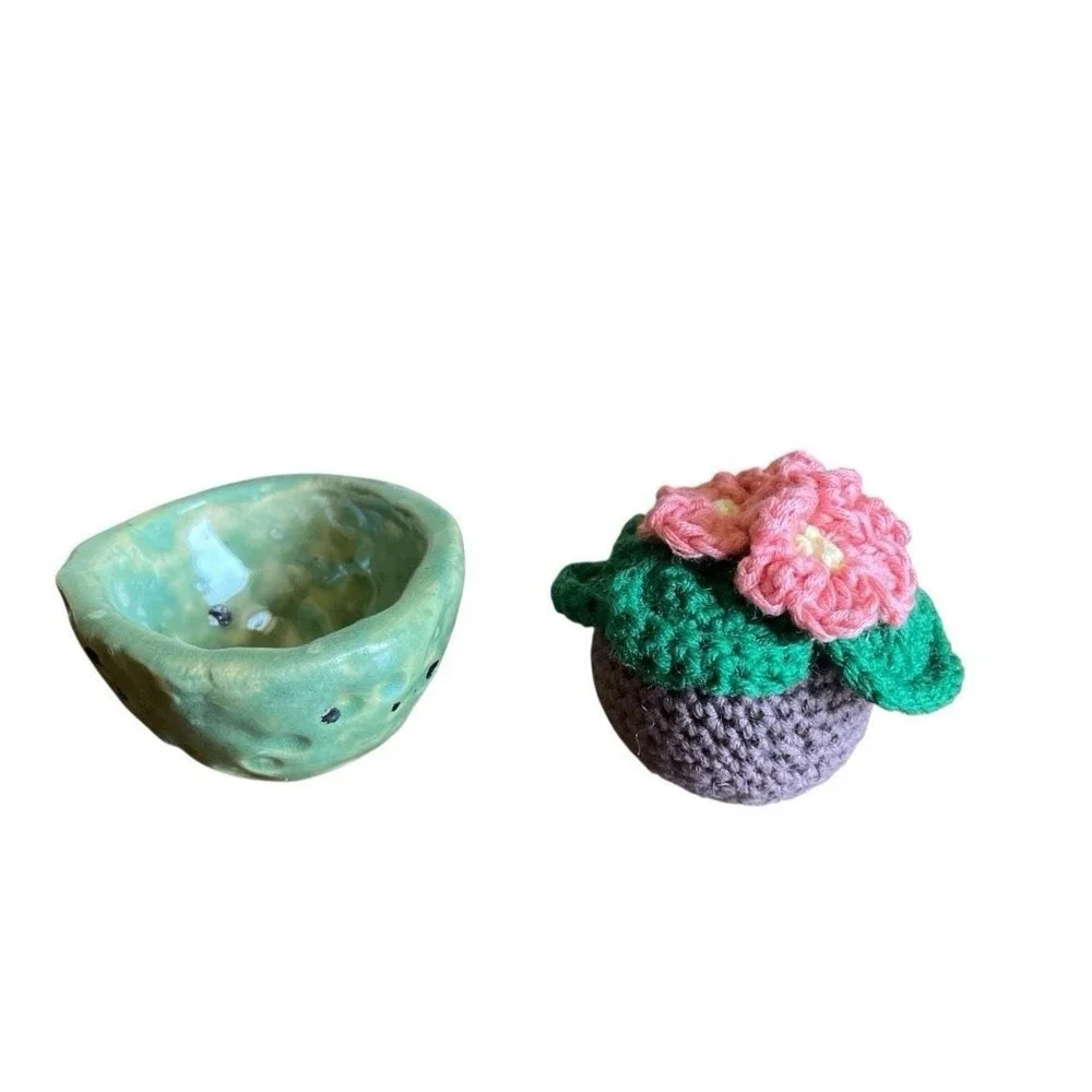 Crochet African Violet in Clay Vase Pink Flowers Handmade Crocheted Plant Decor